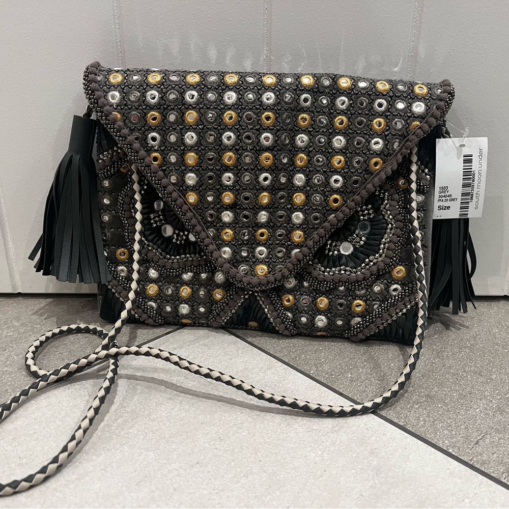 South Moon Under Grey and Gold Envelope Clutch / Crossbody Bag NWT